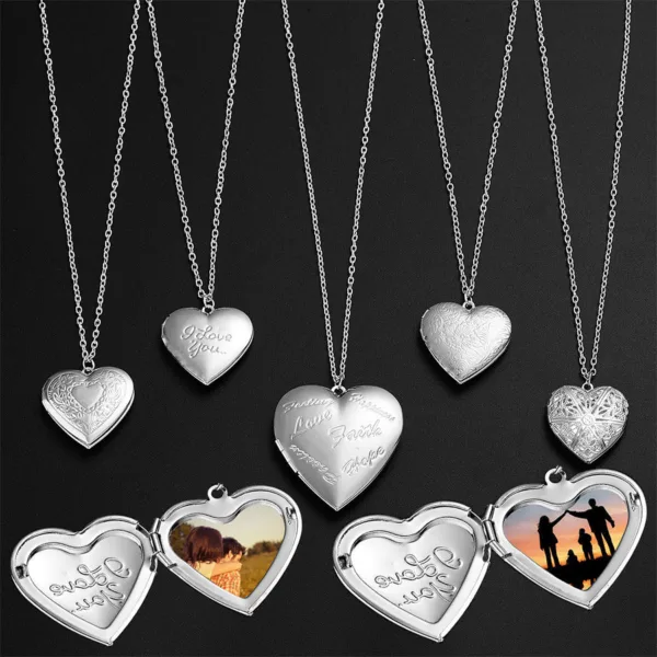 carved design love necklace personalized heart shaped photo frame pendant necklace for women family jewelry for valentines day - Image 2