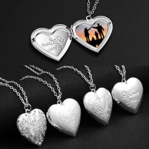 carved design love necklace personalized heart shaped photo frame pendant necklace for women family jewelry for valentines day