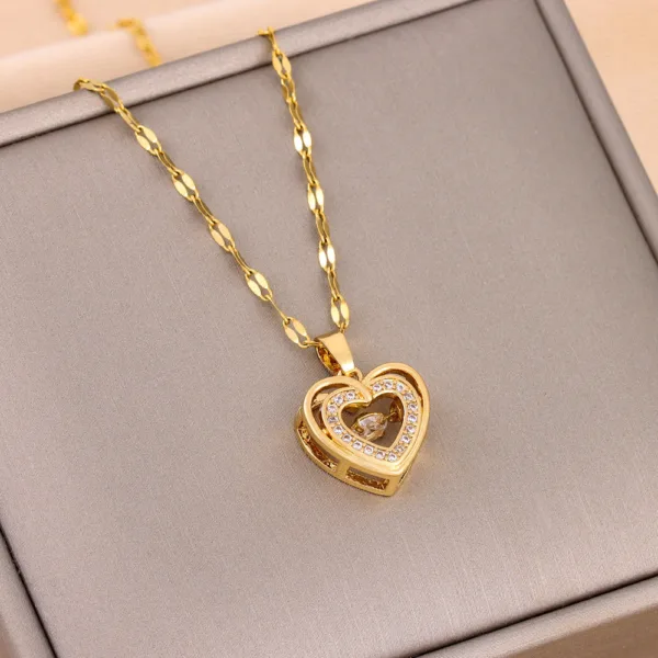 double layer love necklace with rhinestones titanium steel pendant fashion jewelry woman valentines day gift