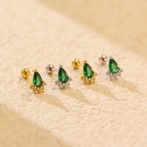 ear studs silver emerald diamond screw