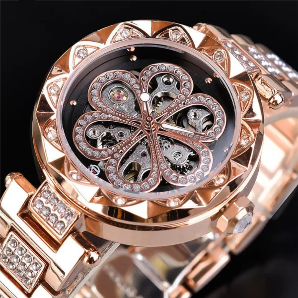 forsining mechanical automatic ladies watches top brand luxury rhinestone female wrist watches rose gold stainless steel clock - Image 3