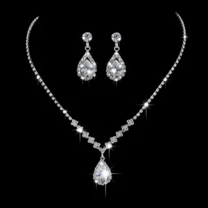 full rhinestone zircon water drop necklace earrings jewelry set