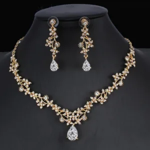 golden zircon jewelry set bridal necklace earrings wedding two piece set