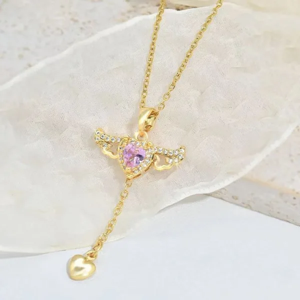 moving cupid heart angel wings tassel necklace with crystal clavicle chain women jewelry gift valentines day - Image 7