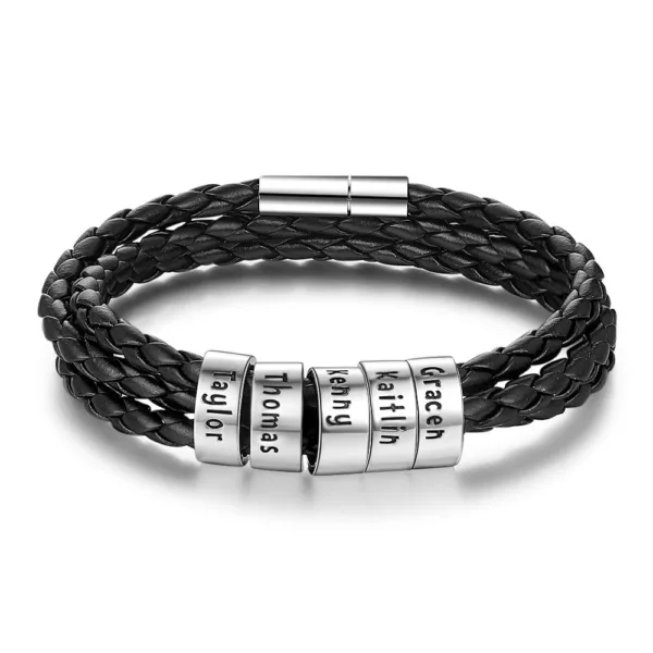 personalized mens braided genuine leather bracelet stainless steel custom beads name charm bracelet for men with family names - Image 12