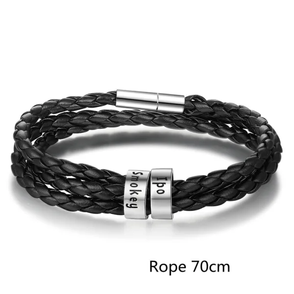 personalized mens braided genuine leather bracelet stainless steel custom beads name charm bracelet for men with family names - Image 24