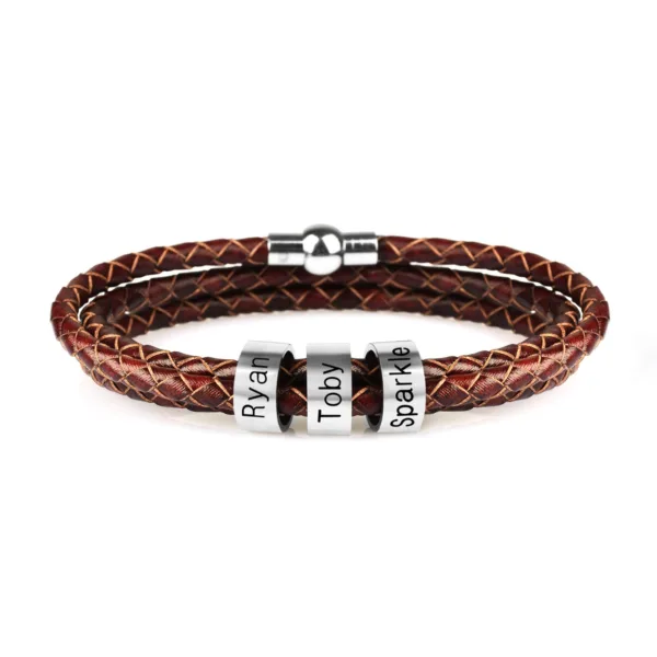 personalized mens braided genuine leather bracelet stainless steel custom beads name charm bracelet for men with family names - Image 9