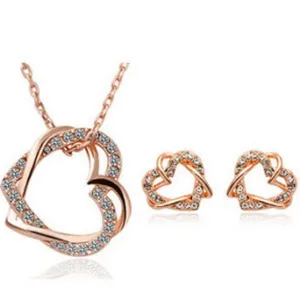 yiwu fashion jewelry factory jewelry customized double diamond heart necklace earring set